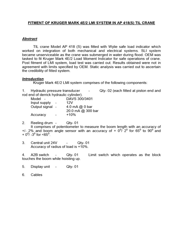 Kruger LMI System for TIL Crane AP 418 | PDF | Crane (Machine ...