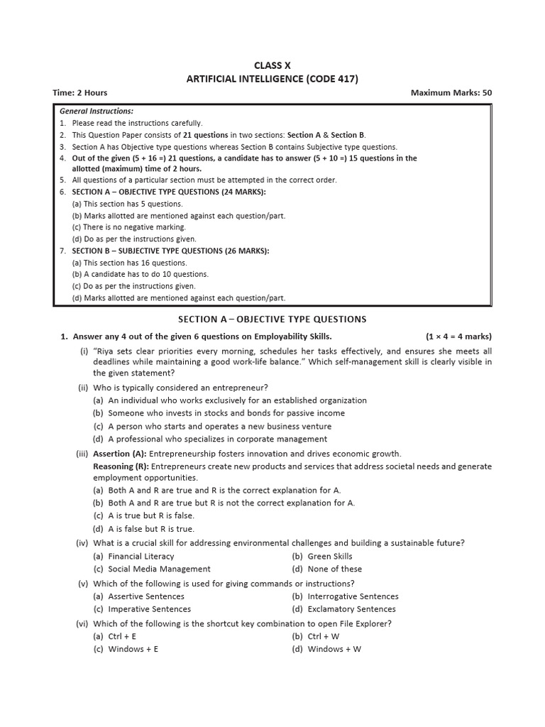 Class 10 AI Exam Paper 2025 | PDF | Machine Learning | Artificial ...