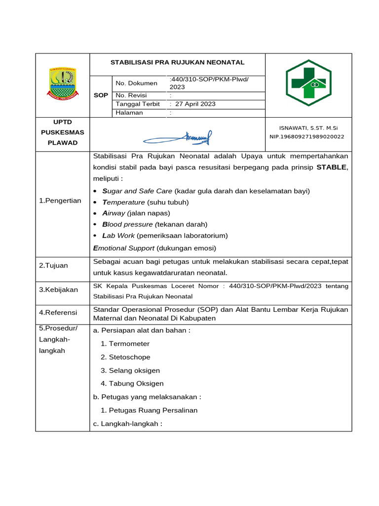 Stabilisasi Neonatal: Prosedur dan SOP | PDF