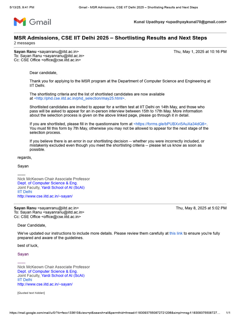 IIT Delhi MSR 2025 Shortlisting Update | PDF