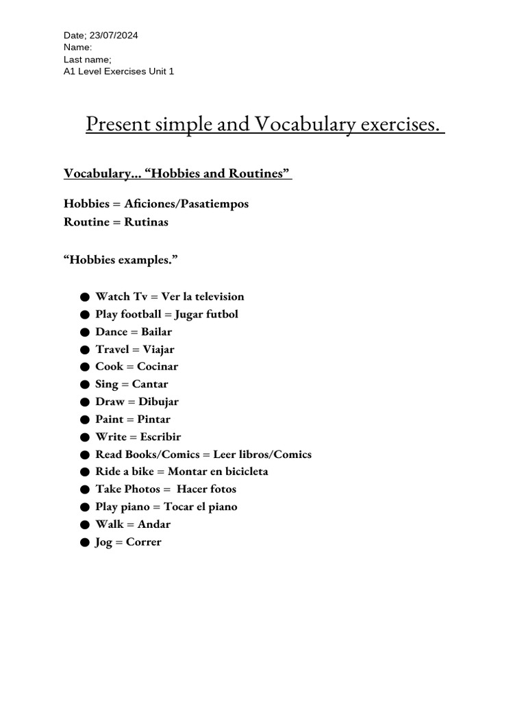 Present Simple and Vocabulary Exercises | PDF | Language Mechanics ...