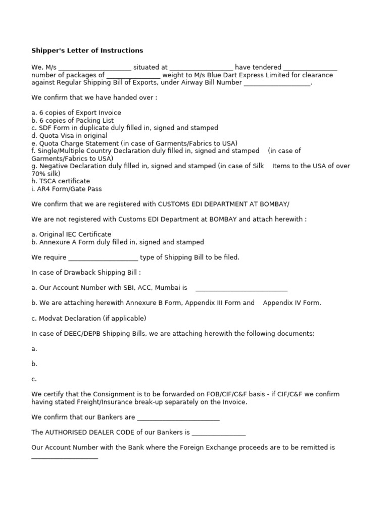 Shipper's Letter of Instructions Template | PDF