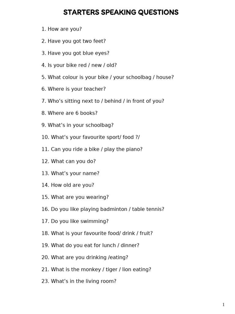 Starter Speaking Questions List | PDF