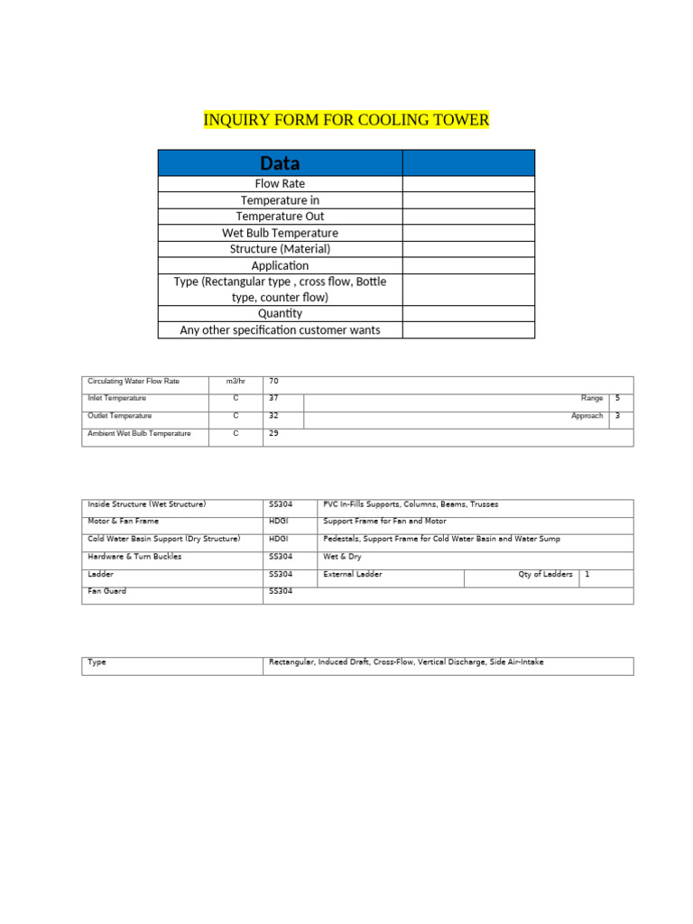 Cooling Tower Specification Inquiry Form | PDF