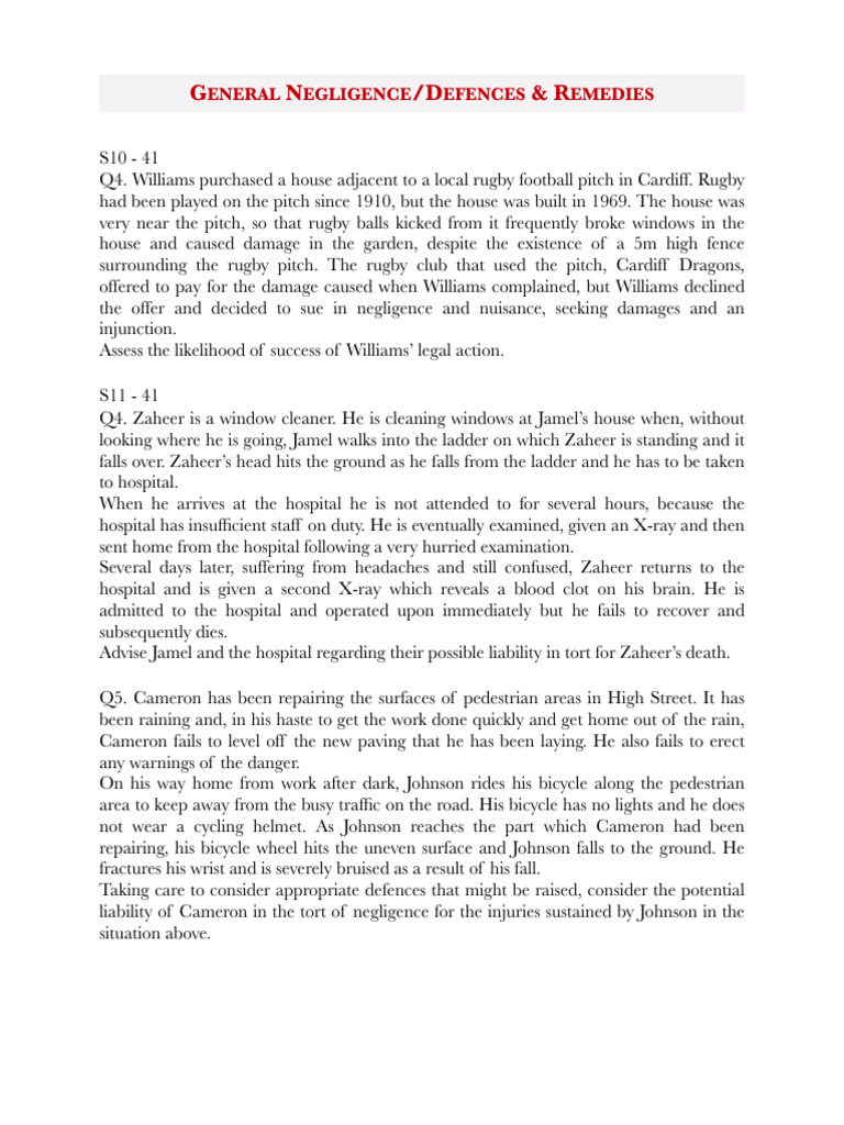Negligence Problem Questions | PDF | Negligence | Legal Liability