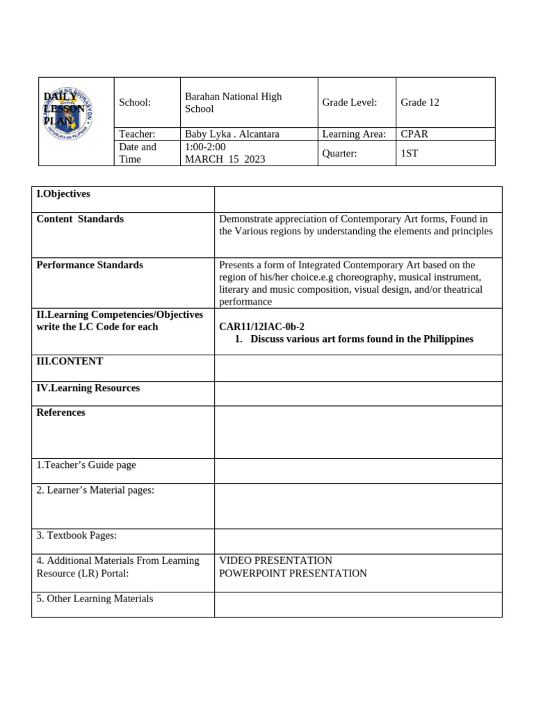 Grade 12 Art Lesson Plan: Barahan HS | PDF | Teaching | Behavior ...