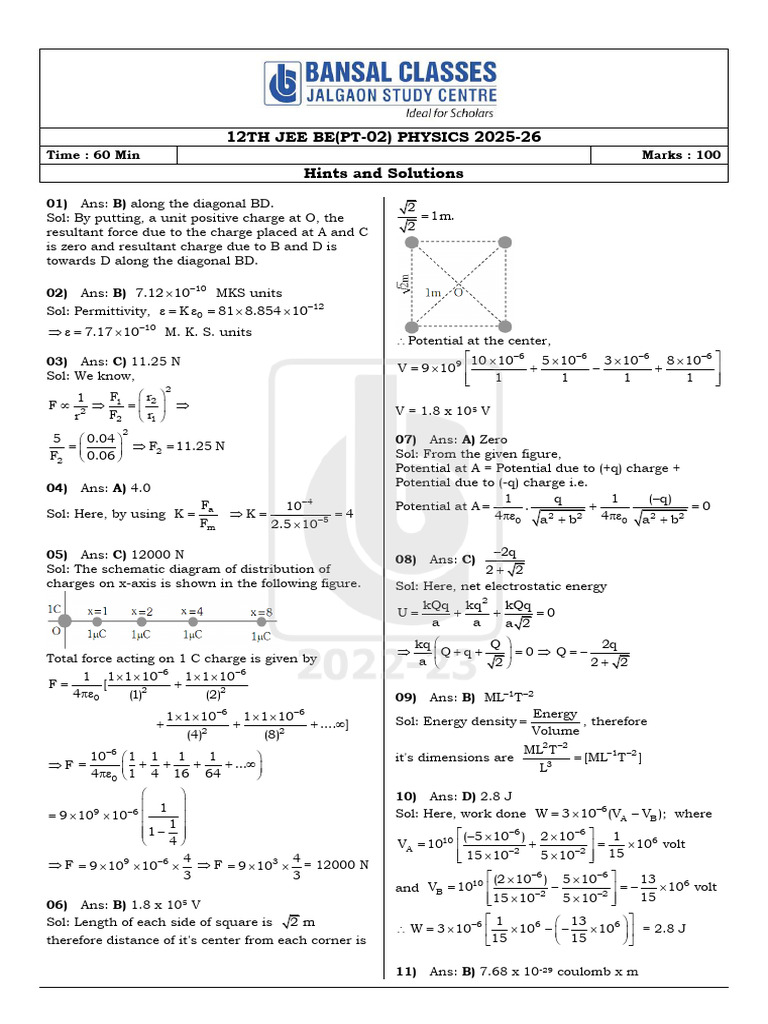 12th Jee Bept 02 Physics Sol | PDF | Flux | Physical Phenomena