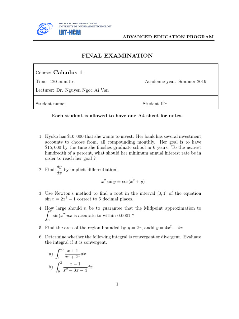 Calculus 1 Final Exam Questions | PDF