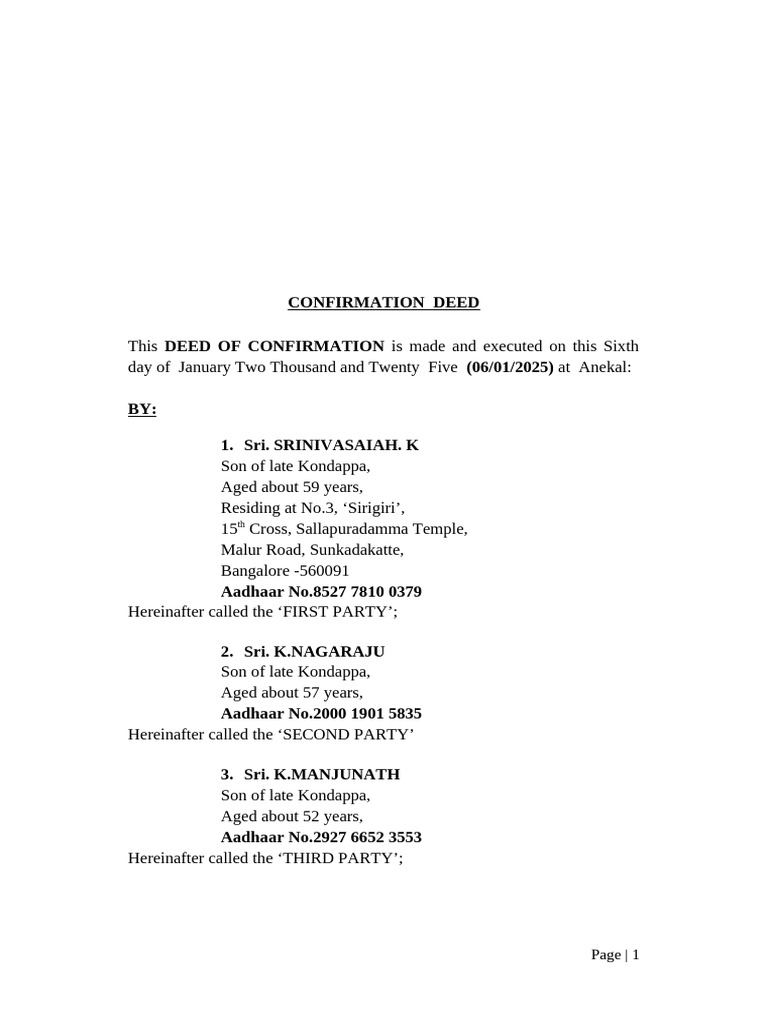 Confirmation Deed for Anekal Property | PDF | Deed | Property