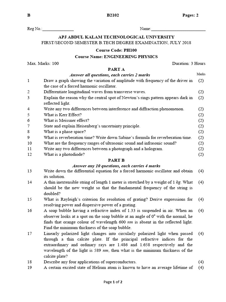B.Tech Engineering Physics Exam 2018 | PDF | Angular Resolution | Light
