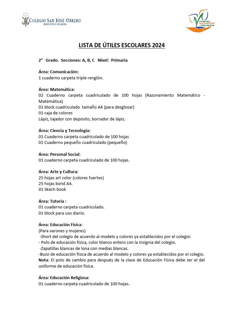 Listas de Útiles Escolares 2° Abc 2024 Primaria | PDF