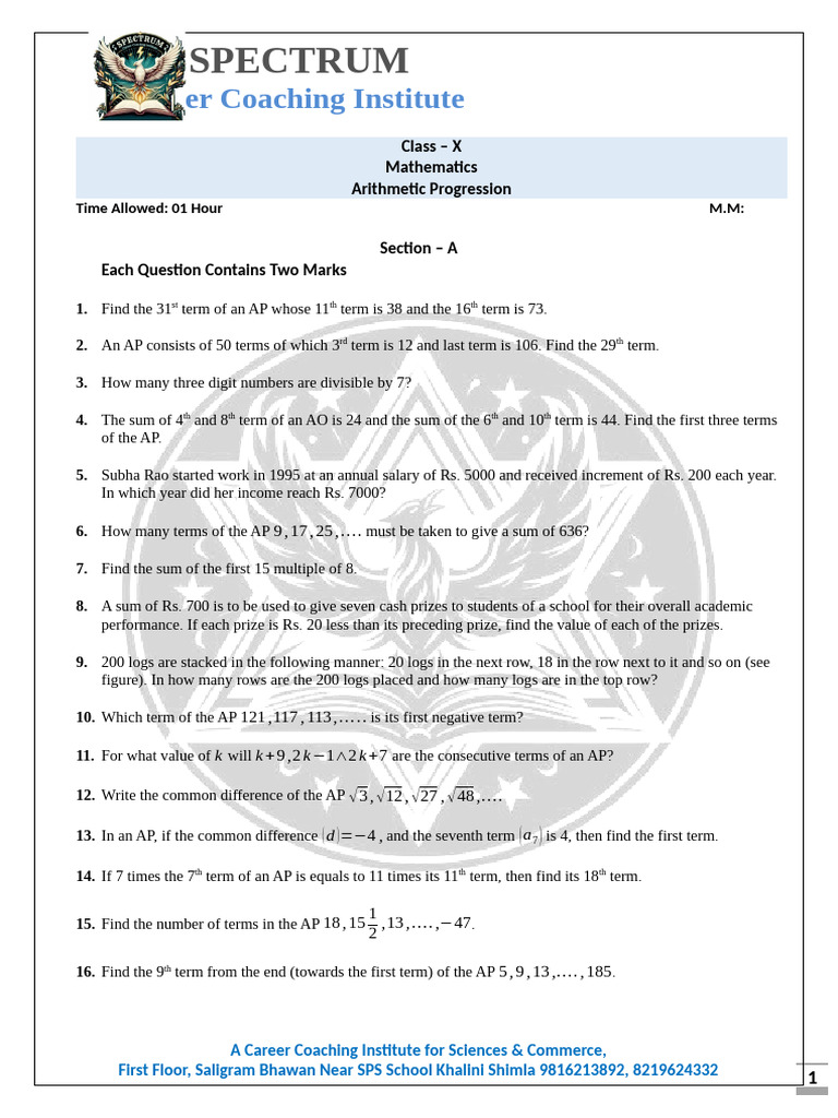 Class X Math: Arithmetic Progression Questions | PDF | Mathematics ...