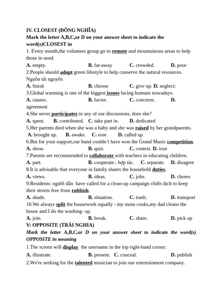 Synonyms and Antonyms Practice | PDF