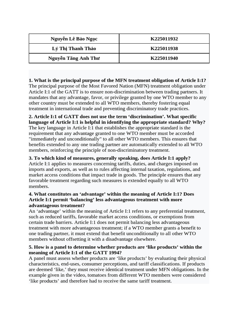 Understanding GATT Article I:1 Obligations | PDF | Most Favoured Nation ...