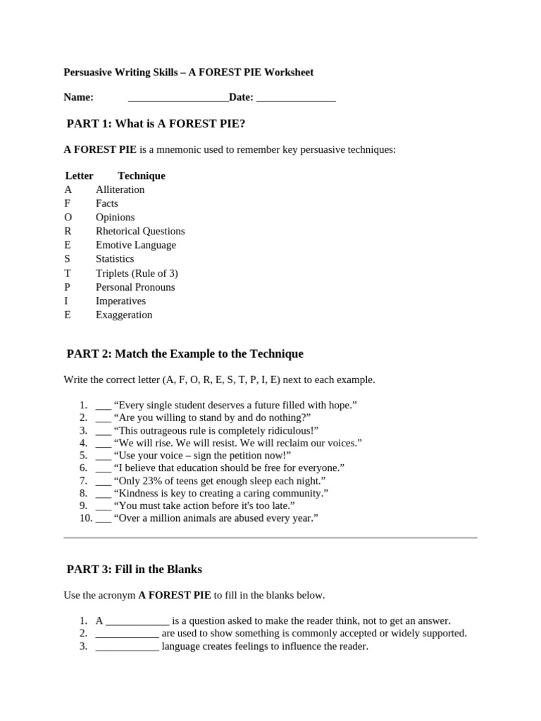 A FOREST PIE Persuasive Techniques Guide | PDF