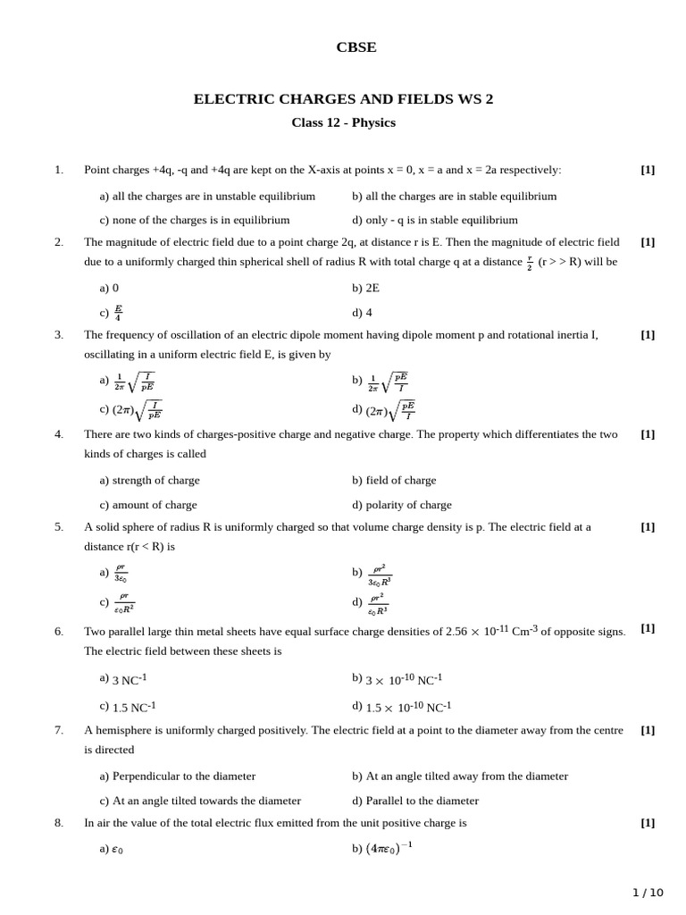 Electric Charges and Fields Worksheet | PDF | Electric Field | Applied ...