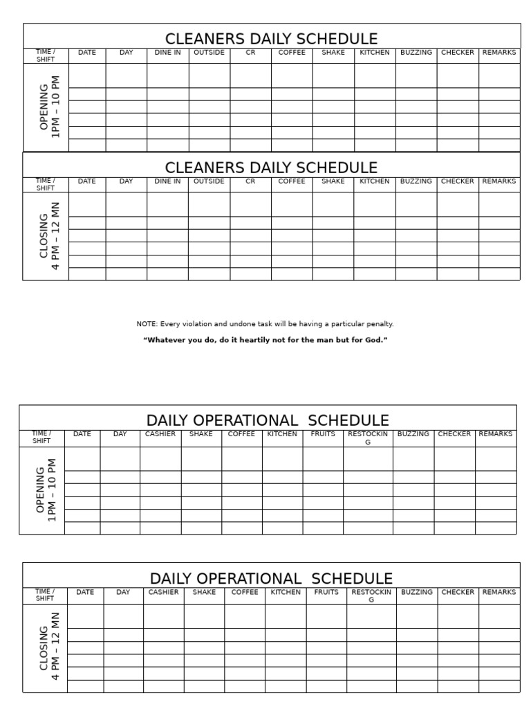Daily Cleaners and Cashiers Schedule | PDF