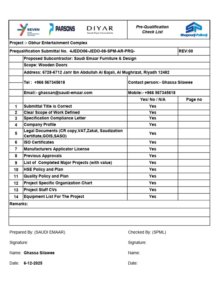Pre-Qualification Check List: Prepared By: (SAUDI EMAAR) Checked By ...