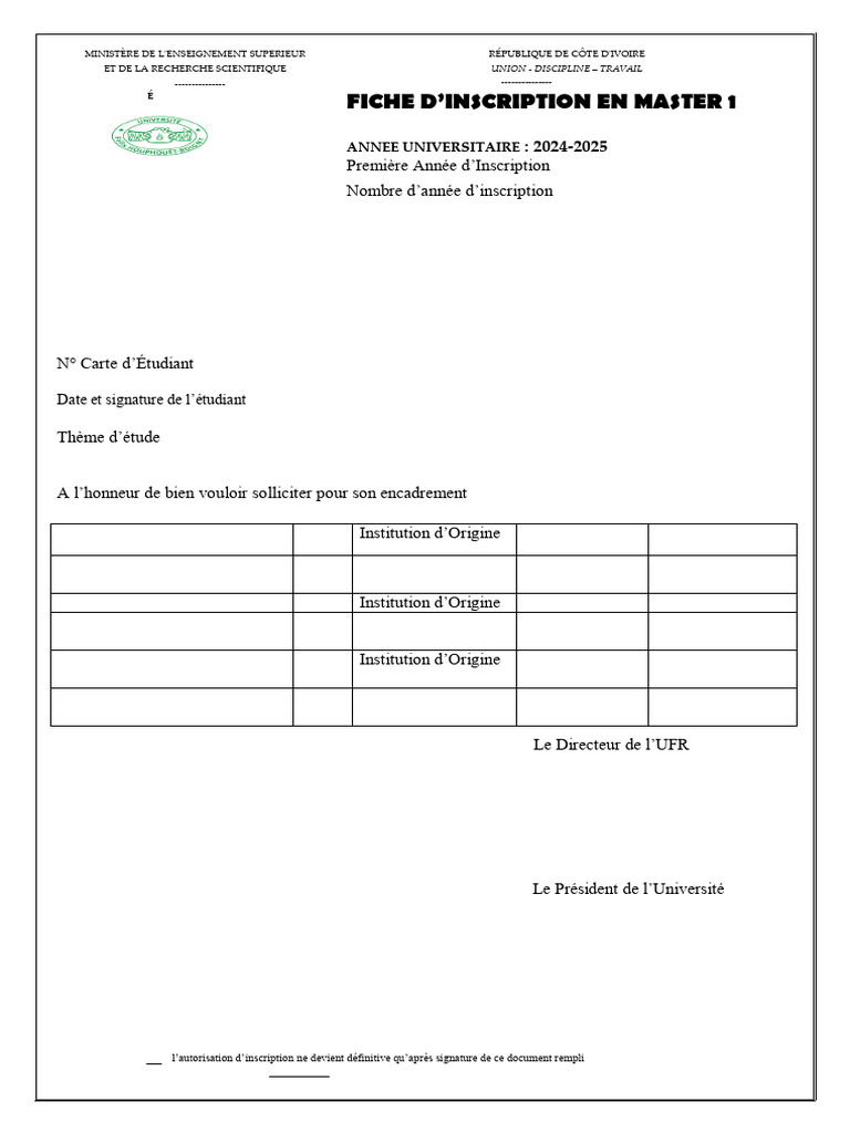 Fiche d'inscription Master 1 UFHB 2024-2025 | PDF | France | Niveaux d ...