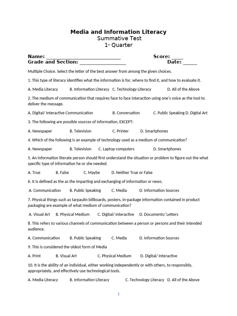 MIL q1 Summative Test | PDF | Information | Communication