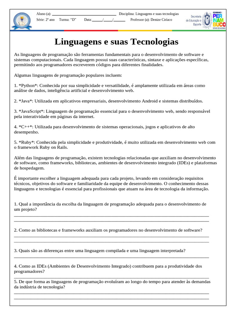 Linguagens e Suas Tecnologias | PDF | Linguagem de programação | Programas