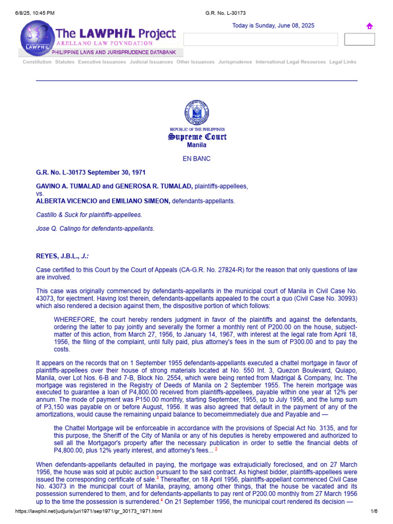 Ejectment Case G.R. No. L-30173 Summary | PDF | Mortgage Law | Foreclosure