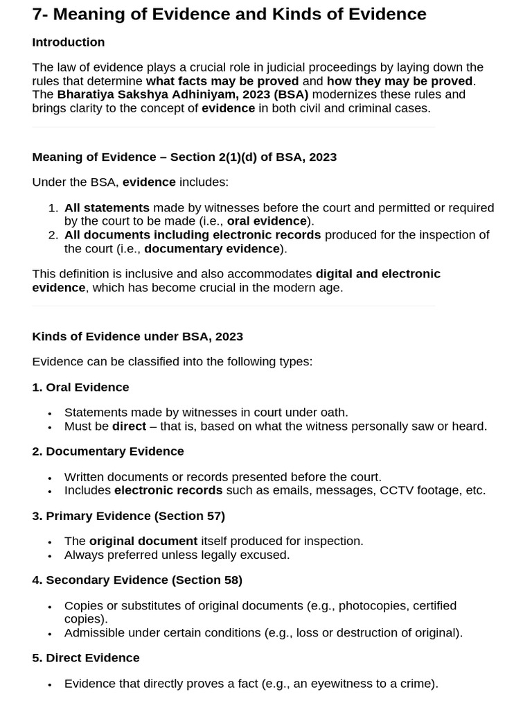 Types of Evidence in BSA, 2023 | PDF | Witness | Evidence