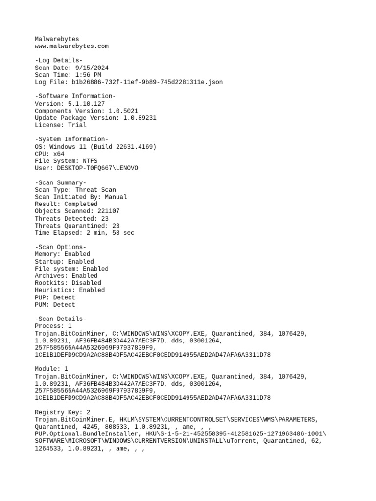 Malwarebytes Scan Report 2024-09-15 135655 | PDF | Windows Registry |  Computer Architecture