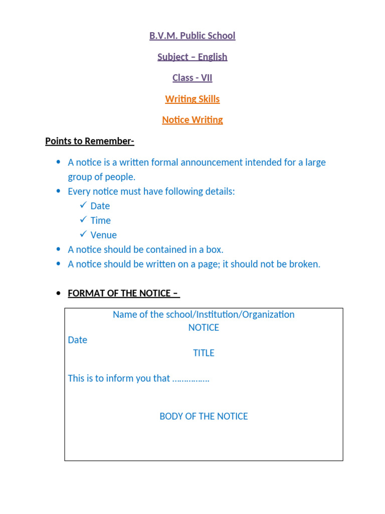 Notice Writing Guide for Class 7 | PDF