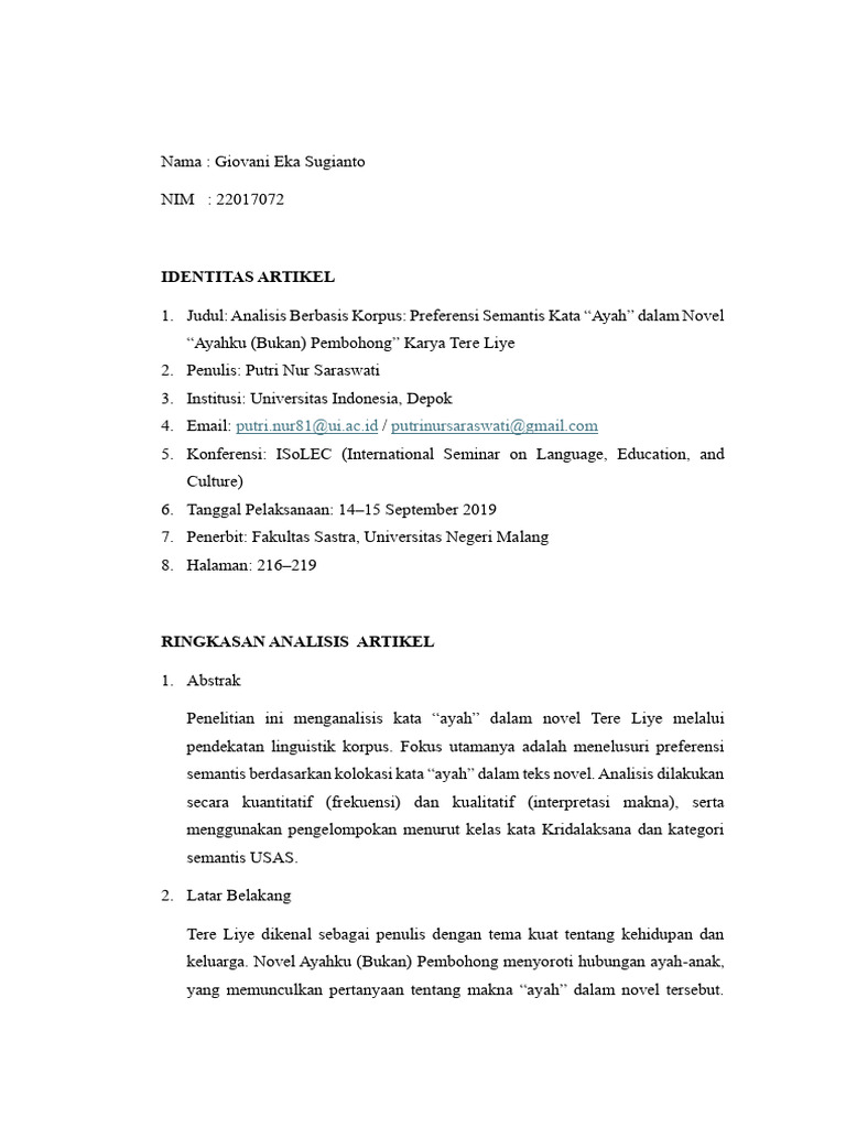 Analisis Semantis Kata "Ayah" Tere Liye | PDF