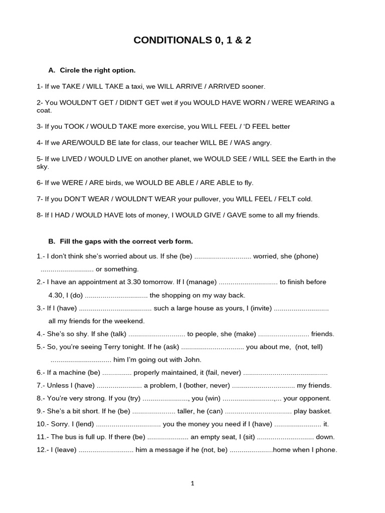Conditionals 0, 1 & 2 Exercises | PDF