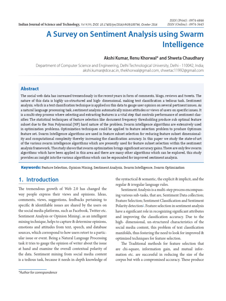 A Survey On Sentiment Analysis Using Swarm Intelligence | PDF ...