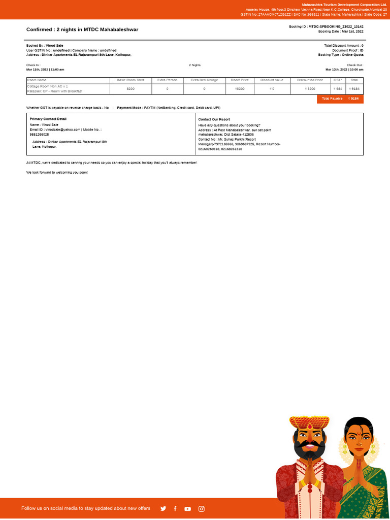 Confirmed: 2 Nights in MTDC Mahabaleshwar | PDF | Credit Card | Payments