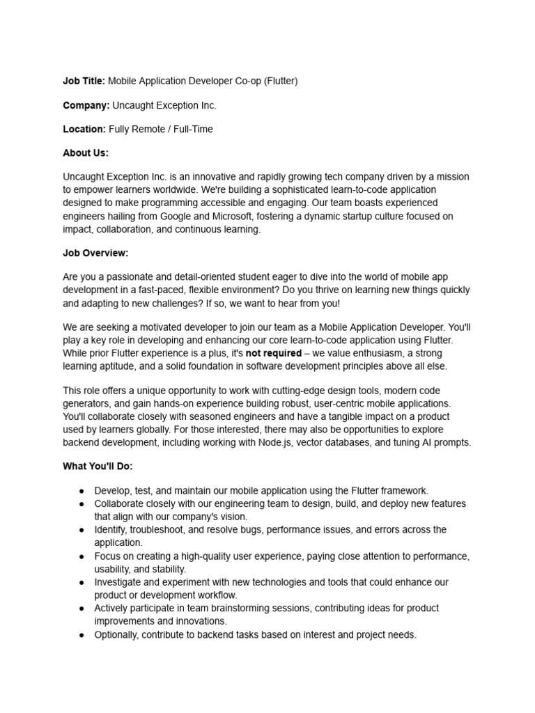 Mobile App Developer Co-op Opportunity | PDF | Mobile App | Artificial ...