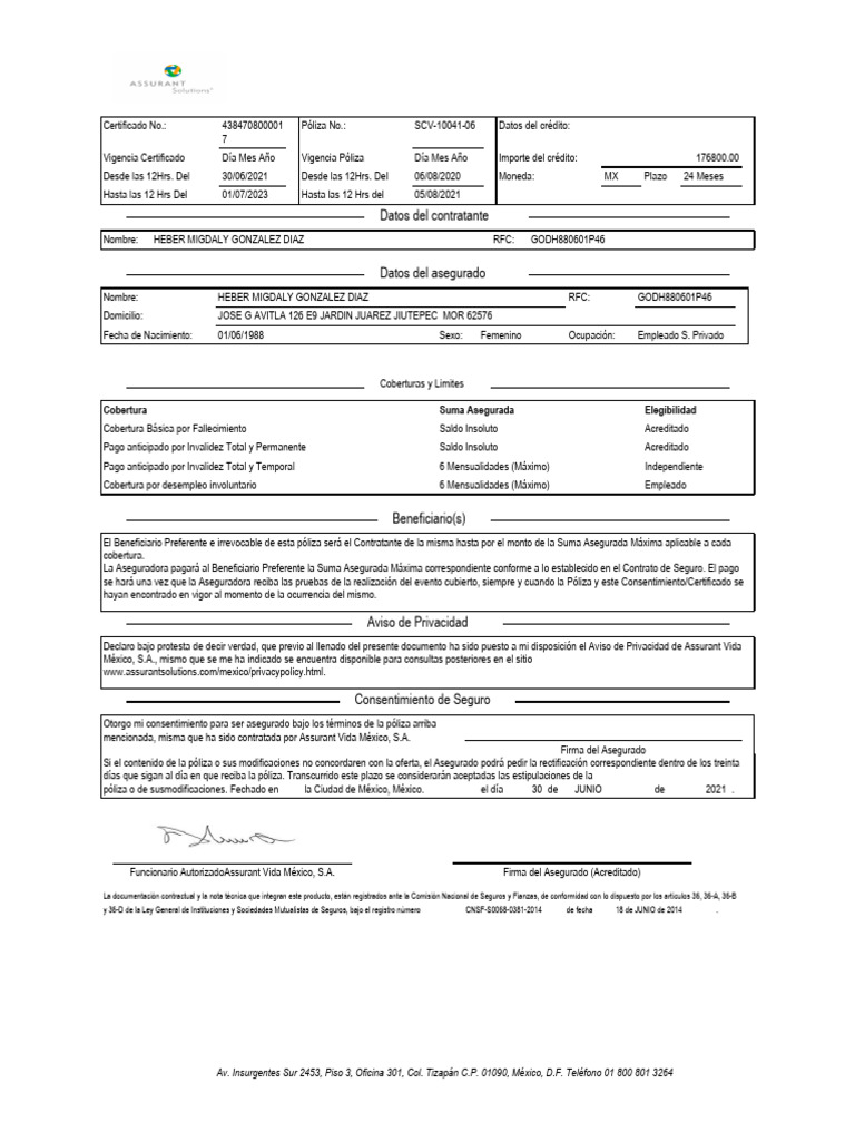 Certificado de Seguro de Vida y Desempleo | PDF | Póliza de seguros ...
