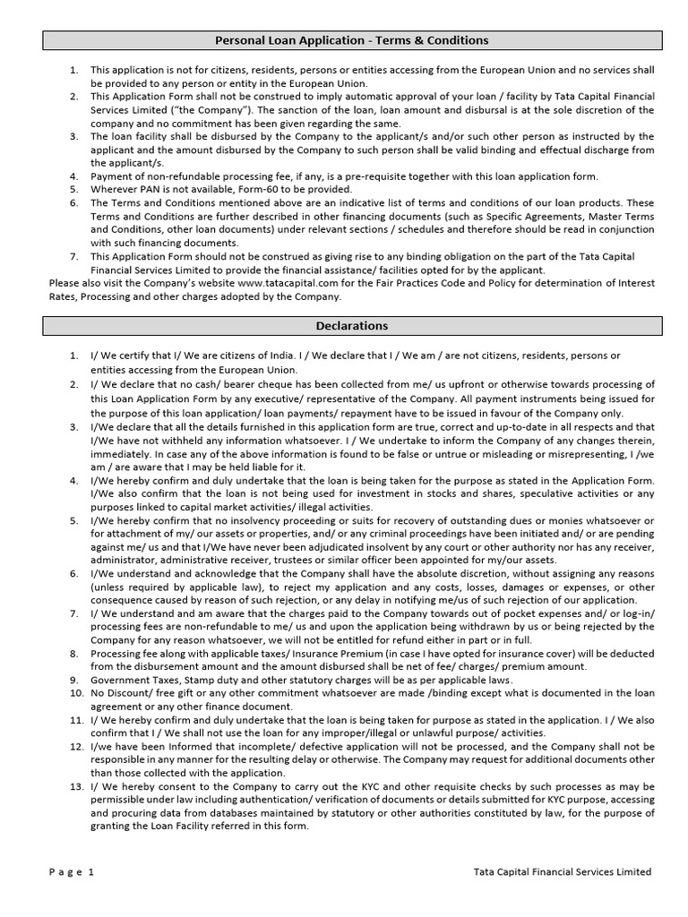 Tata Capital Loan Application Terms | PDF | Contractual Term | Loans