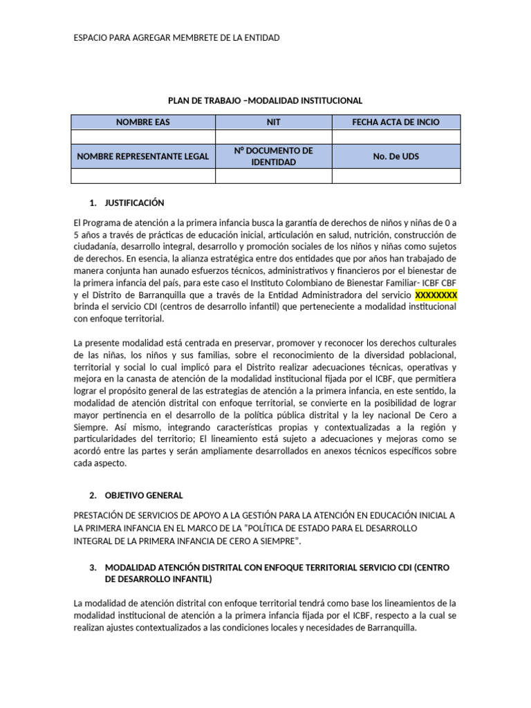 Plan de Trabajo para Atención Infantil Barranquilla | PDF | Educación ...