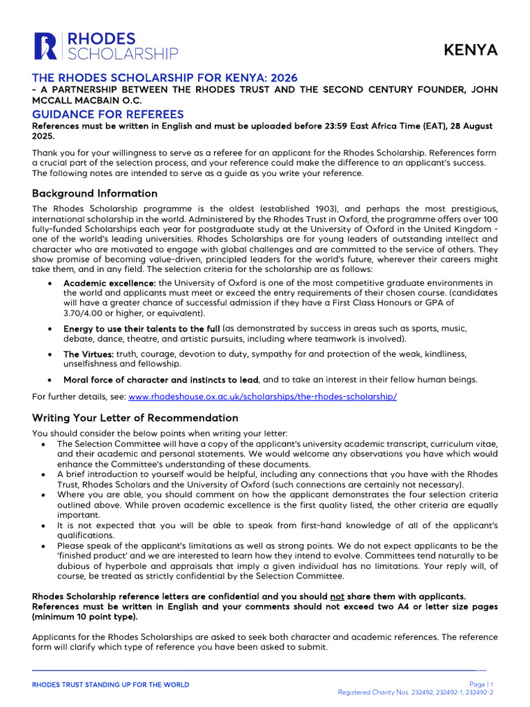 Rhodes Scholarship Kenya Referee Guide | PDF | Postgraduate Education ...