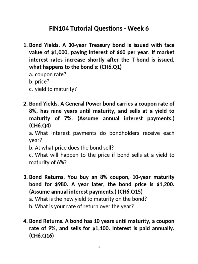 Week 6 Bond Yield and Return Questions | PDF