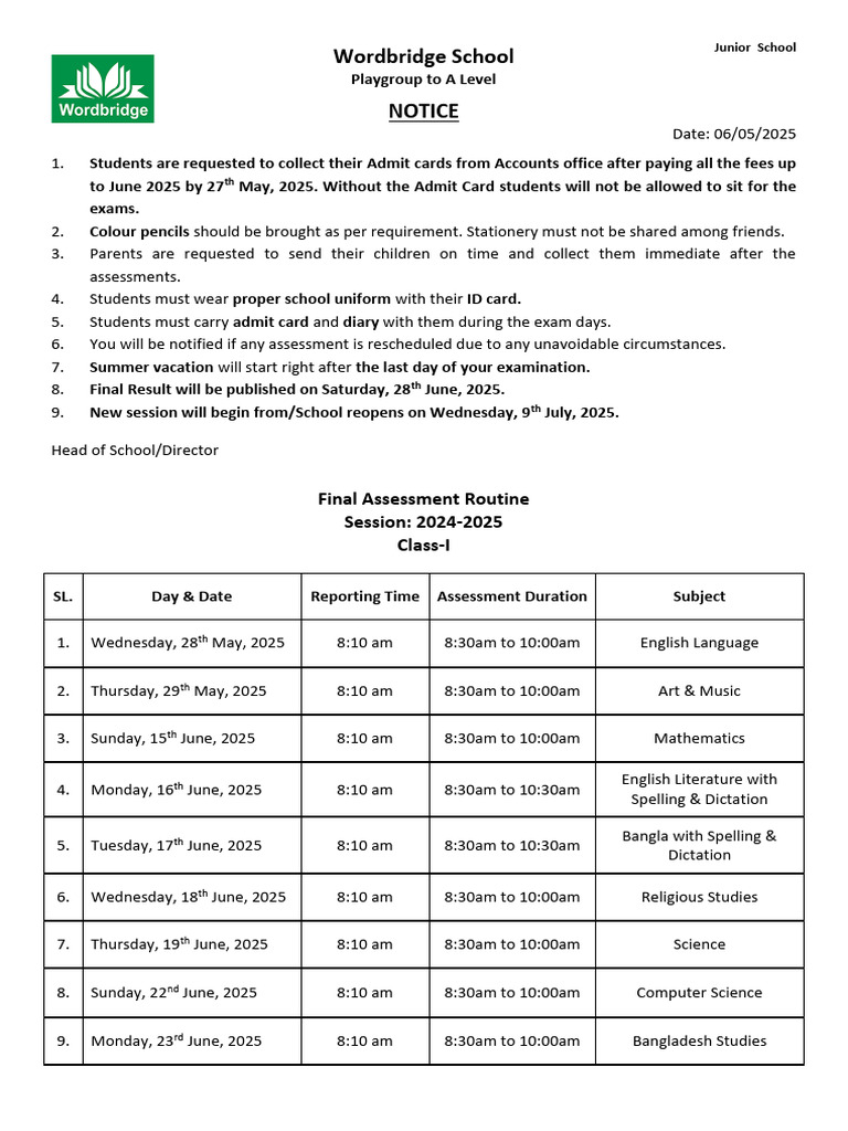 Final Examination-Assessment Routine, Class-I To IX | PDF