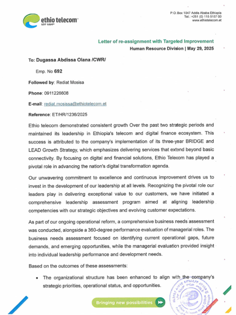 Letter of Reassignment With Targeted Improvement - Dugassa Abdissa ...