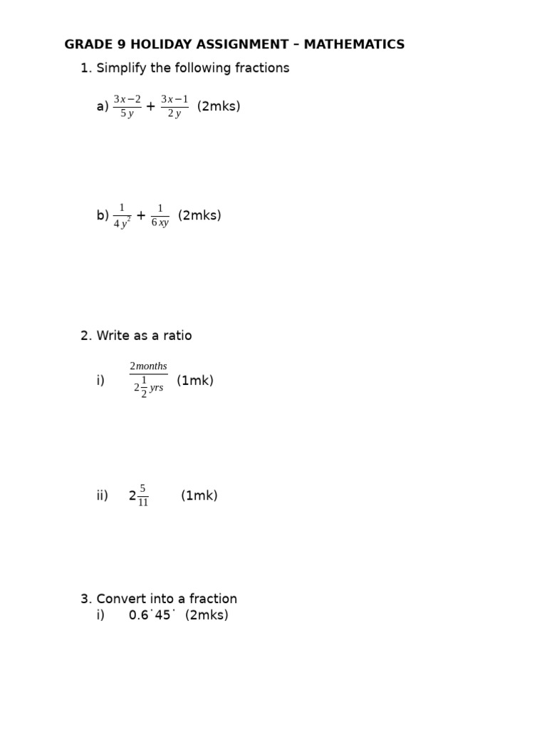Grade 9 Mathematics Holiday Assignment | PDF | Area | Mathematics