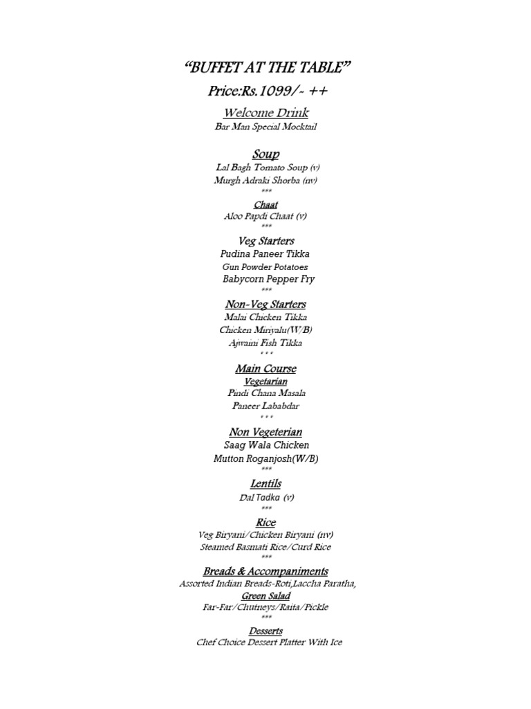 Buffet Menu at Bagh Restaurant | PDF | Food And Drink Preparation ...