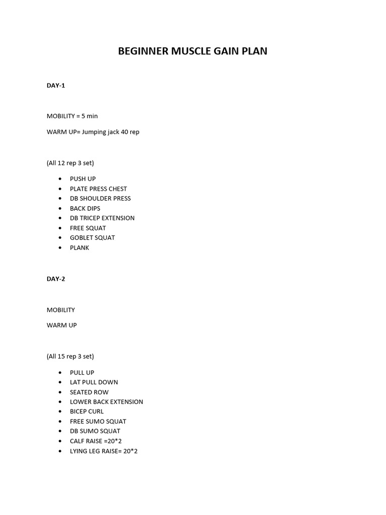 Beginner Muscle Gain Workout Plan | PDF