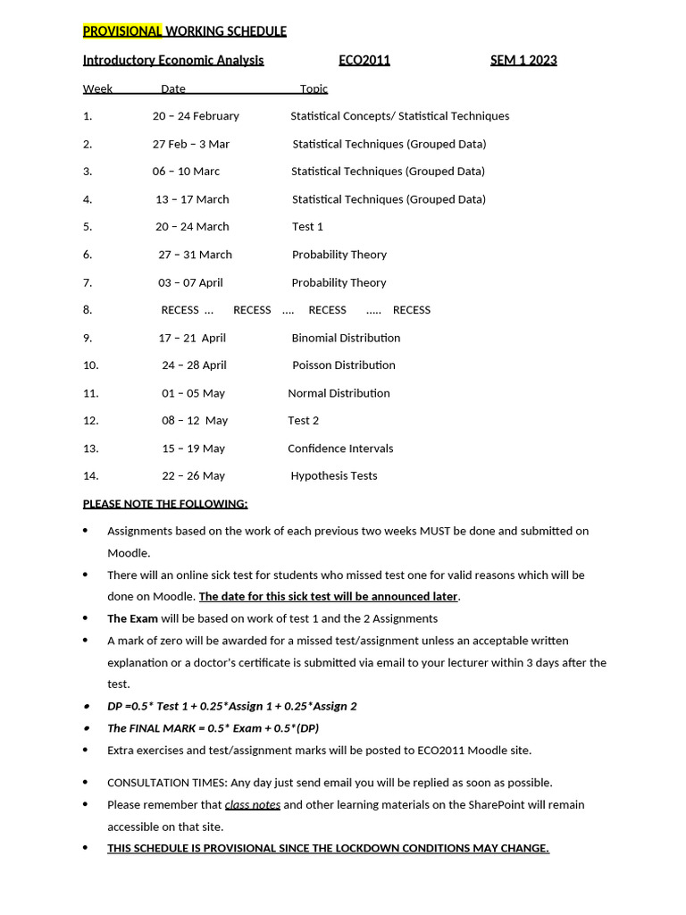 ECO2011 Provisional Schedule 2023 | PDF