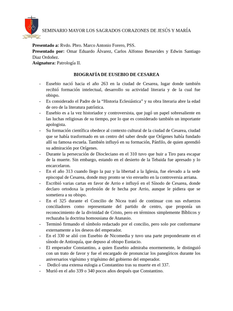 Trabajo3 Omar Carlos Santi Biografia de Usebio de Cesarea | PDF ...