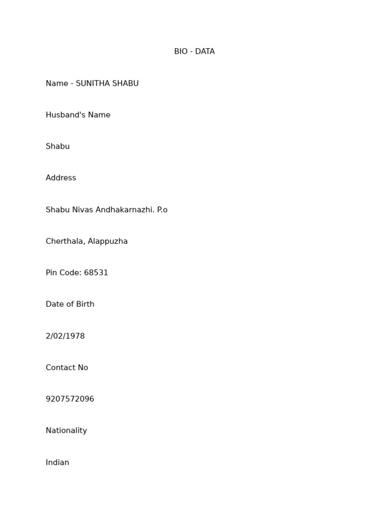 Sunitha Shabu - Personal Bio Data | PDF