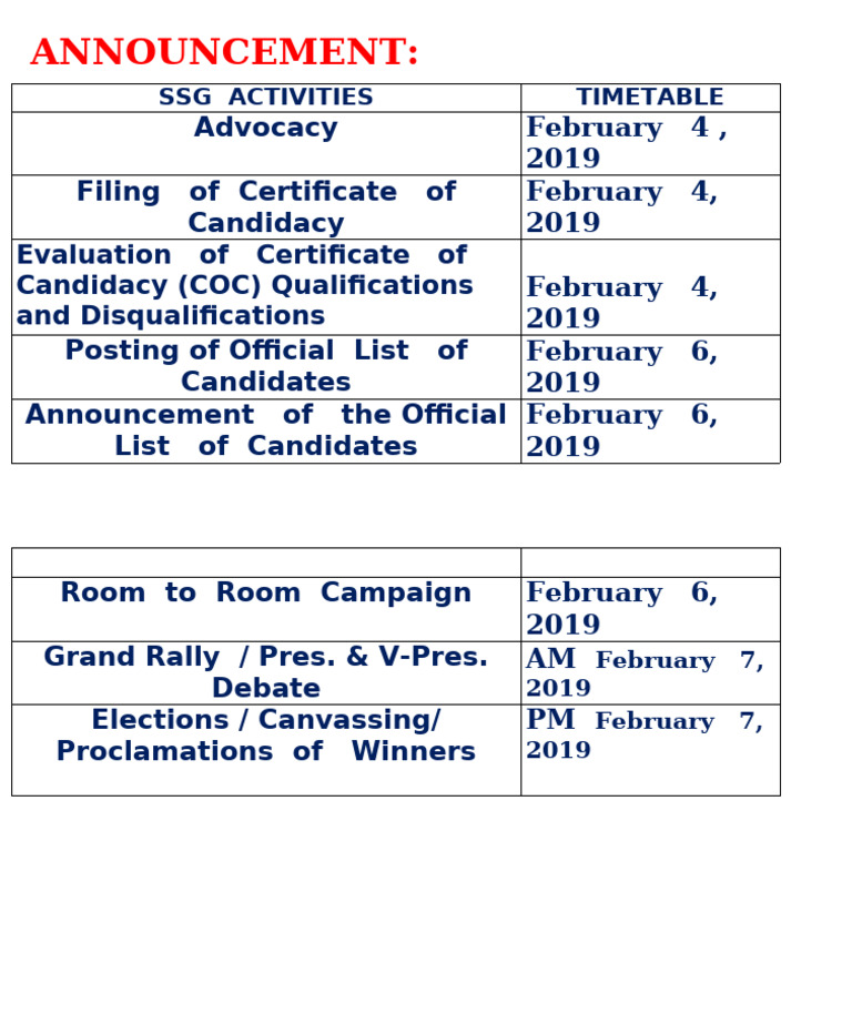 SSG Activities Timetable 2019 | PDF