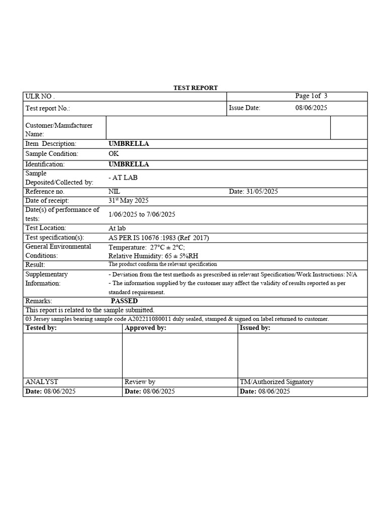 Air Umbrella Test Results Summary | PDF | Textiles | Fracture