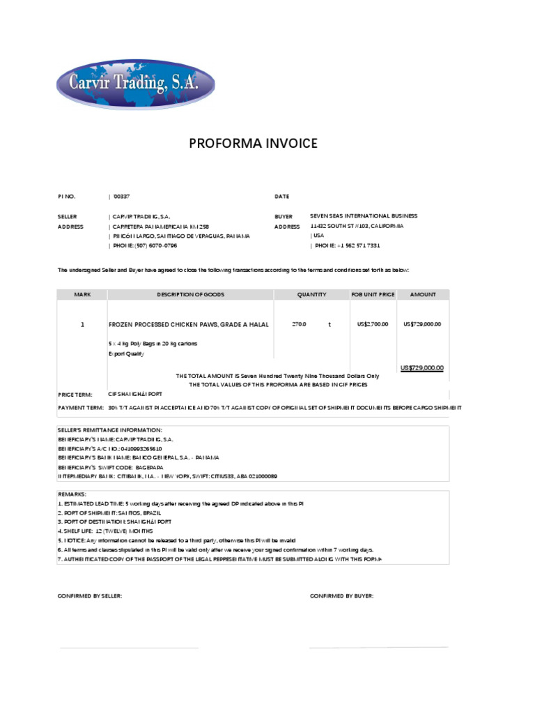 Proforma Invoice for Chicken Shipment | PDF | Business